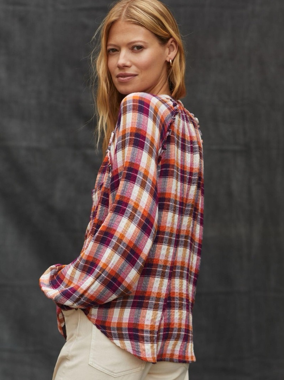 Anthropologie Pilcro Breezy Plaid Button-Down Shirt Raspberry Ruffle NWT XS Boho